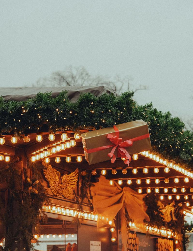 Festive Christmas market with lights