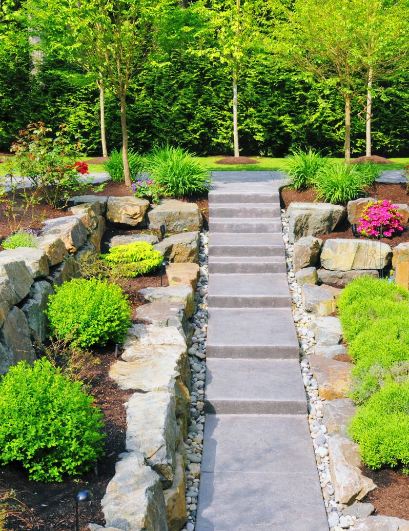 Professional hardscaping with stone steps and retaining walls